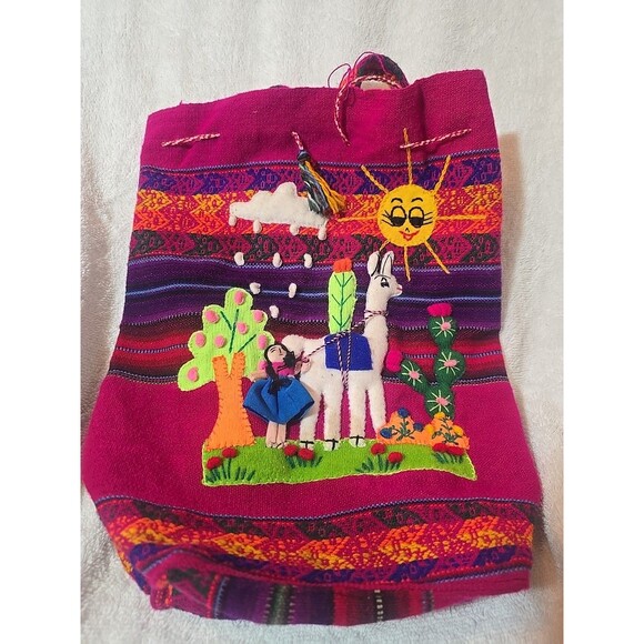 Inca Peruvian Small Backpack Embroidery Alpaca Girl Sun Woven Knapsack Purse Red - Picture 1 of 7